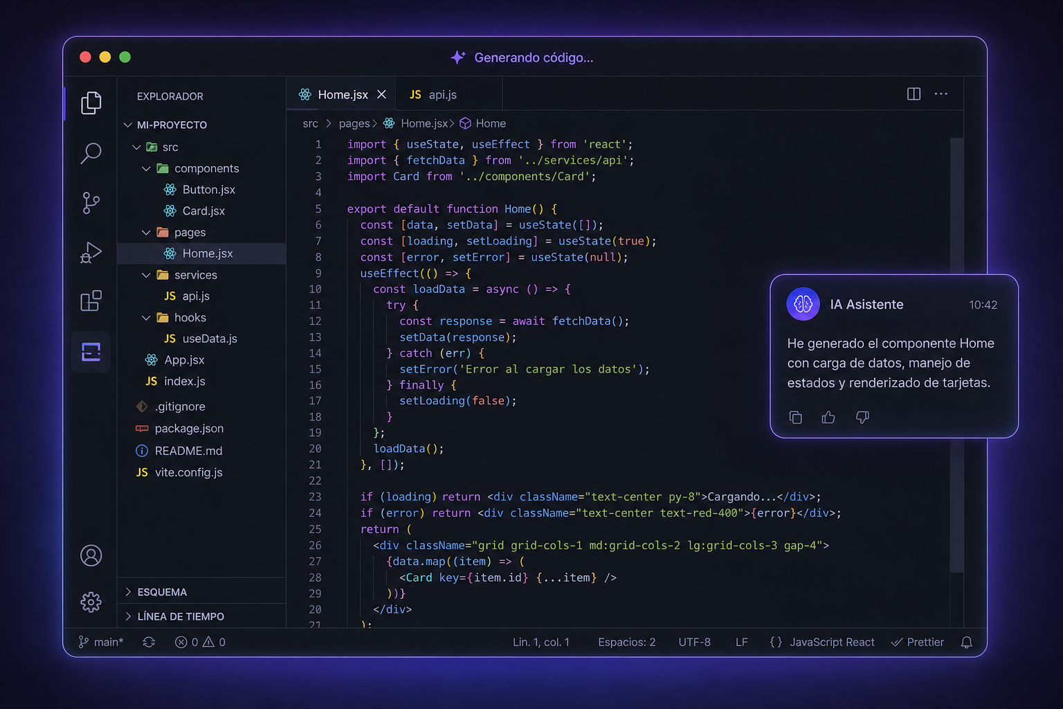 Editor de código generando con IA